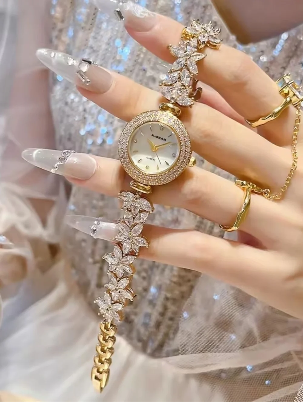 Women’s Gold Crystal Bracelet Watch with White Dial